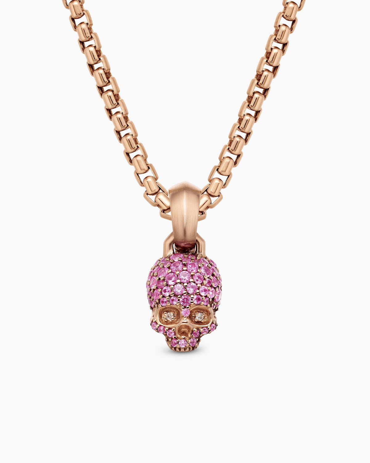 Skull Amulet with Full Pavé Pink Sapphires and 18K Rose Gold, 14mm