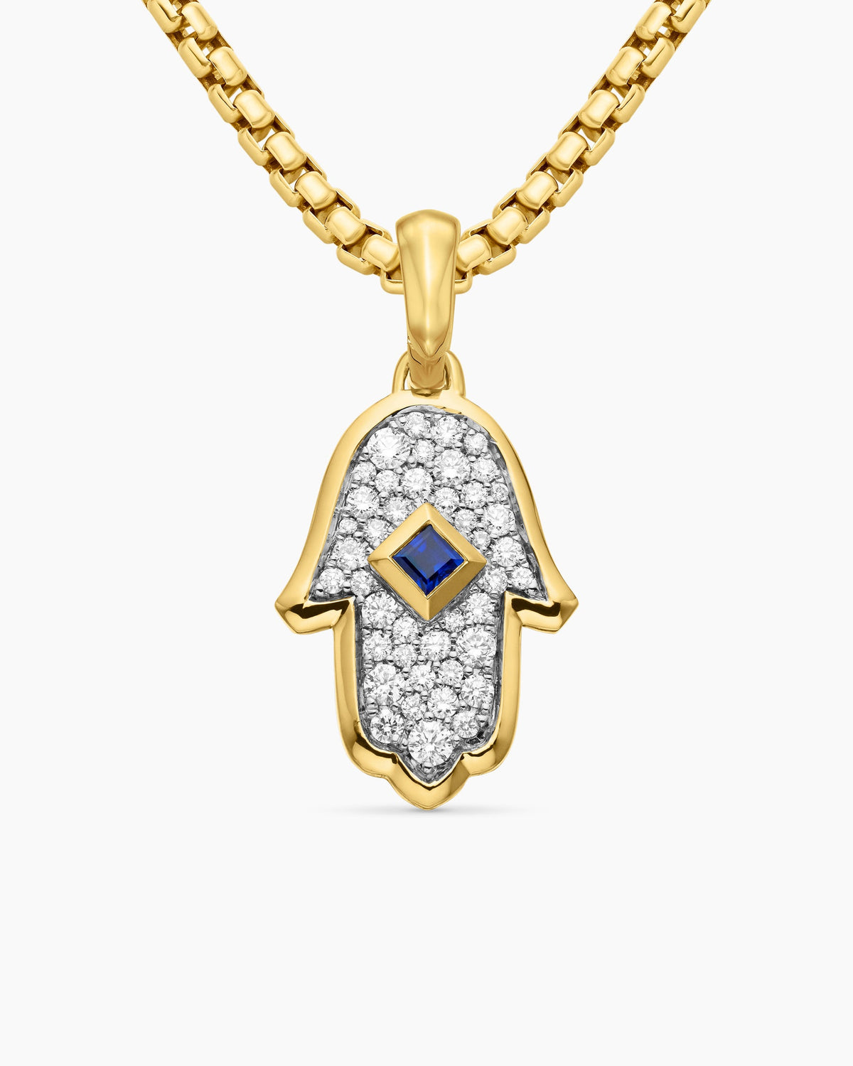 Hamsa Amulet in 18K Yellow Gold with Pavé Diamonds and Blue Sapphire, 24.6mm