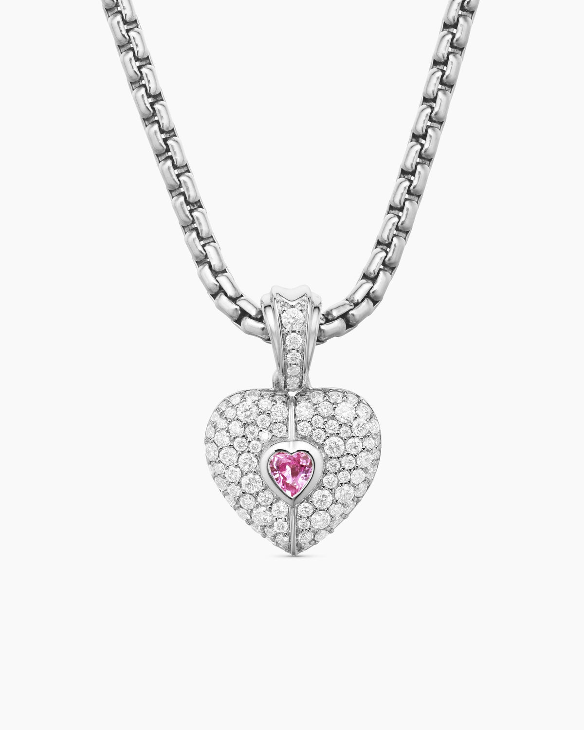 SY Heart Amulet in 18K White Gold with Diamonds and Pink Sapphire, 12.8mm