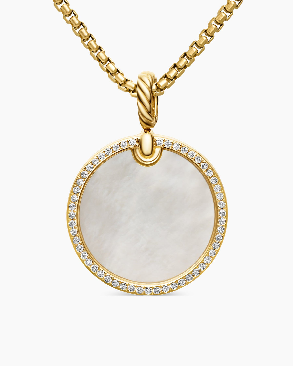 DY Elements® Disc Pendant in 18K Yellow Gold with Mother of Pearl and Diamond Rim, 24mm