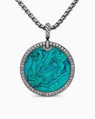 DY Elements® Disc Pendant in Blackened Silver with Chrysocolla and Grey Diamonds, 32mm