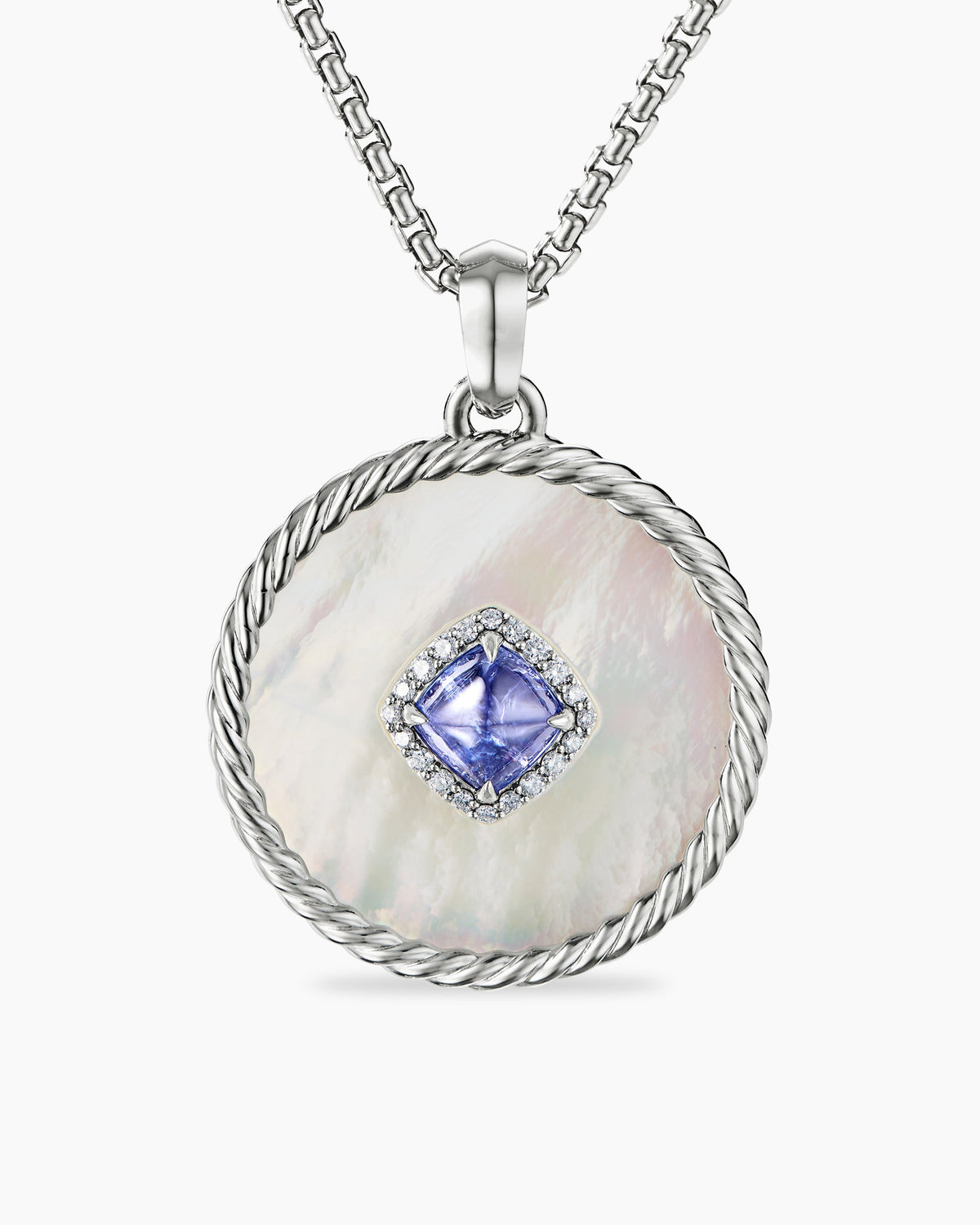 DY Elements® Two Stone Disc Pendant in 18K White Gold with Mother of Pearl, Tanzanite and Diamonds, 32mm