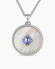 DY Elements® Two Stone Disc Pendant in 18K White Gold with Mother of Pearl, Tanzanite and Diamonds, 32mm