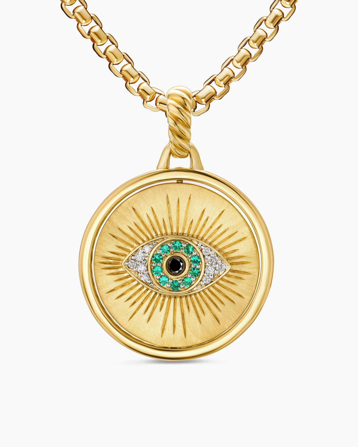 Protection and Health Duality Pendant in 18K Yellow Gold with Dark Green Enamel, Emeralds and Diamonds, 22.3mm