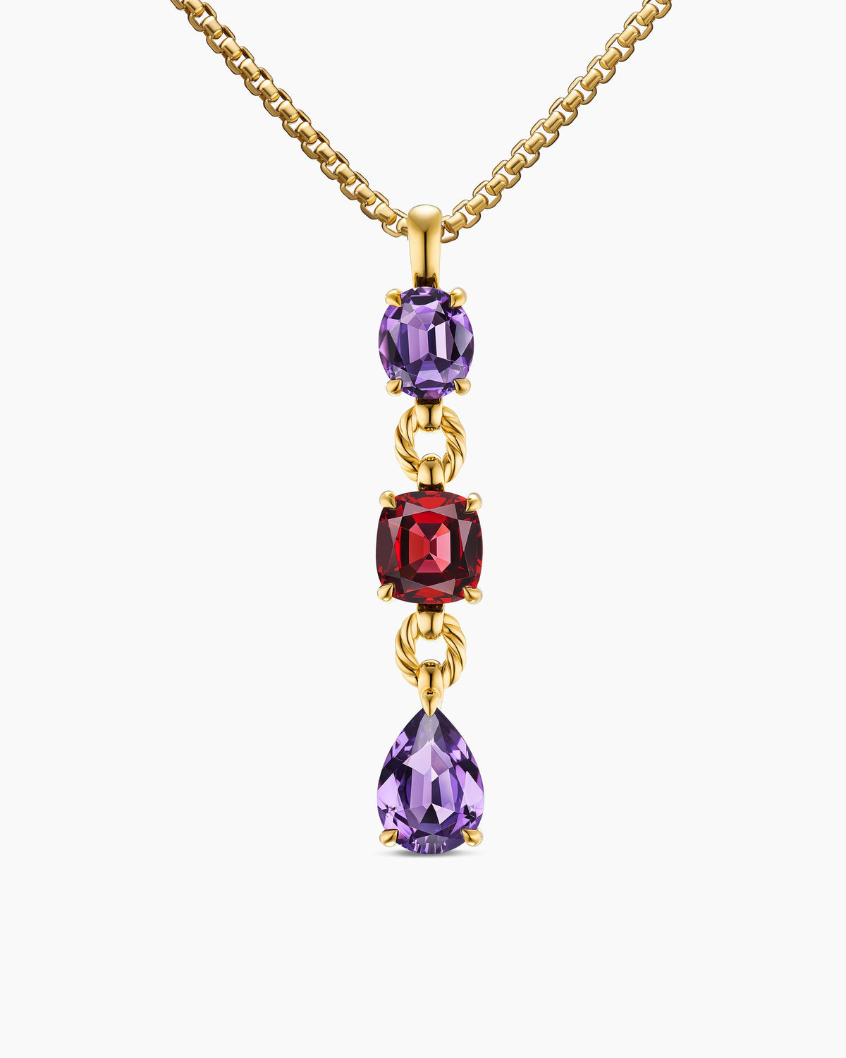 Marbella Y Pendant in 18K Yellow Gold with Amethyst and Rhodolite Garnet, 57.8mm