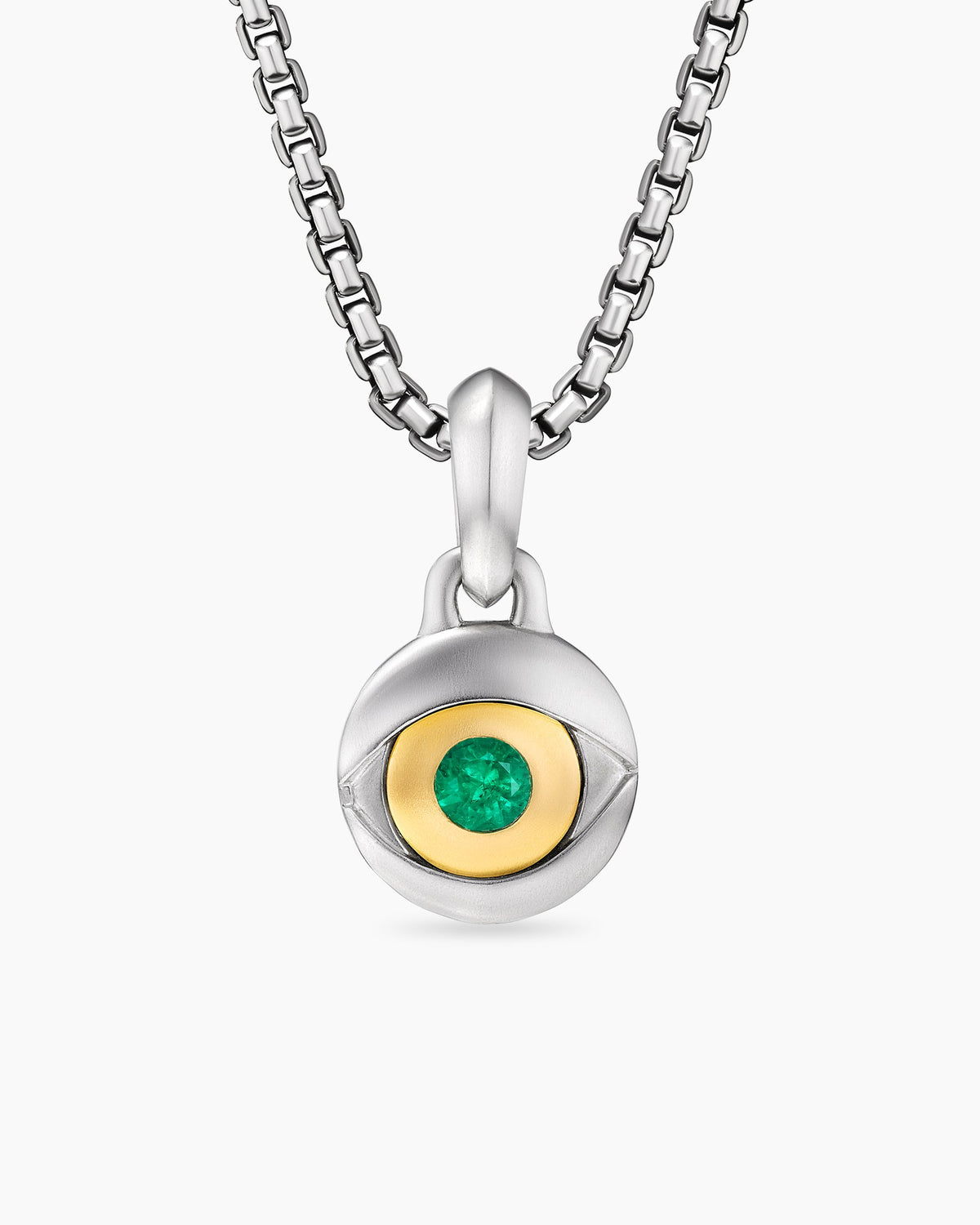 Evil Eye Amulet in Sterling Silver with 18K Yellow Gold and Emerald, 14.5mm