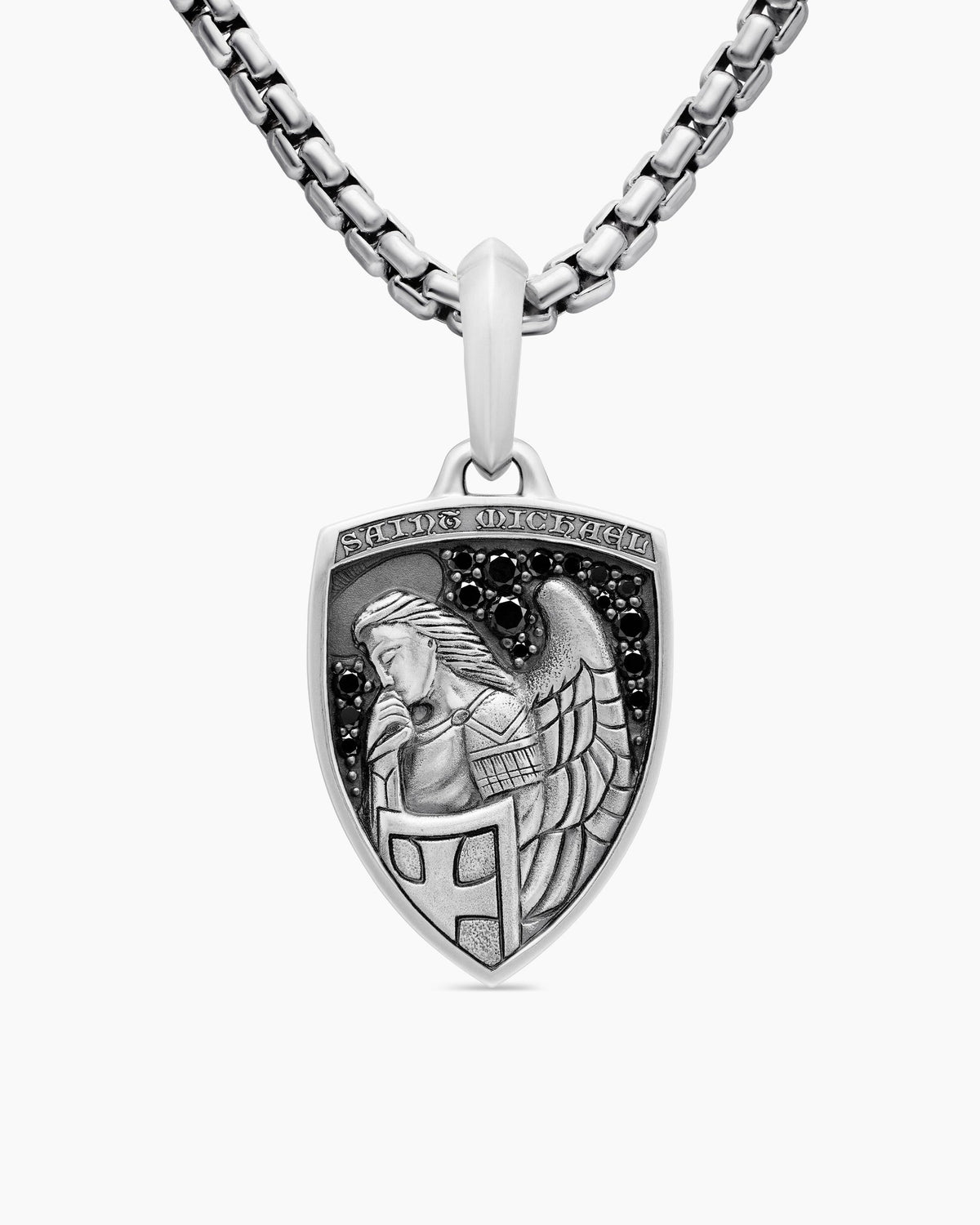 St. Michael Amulet in Sterling Silver with Black Diamonds, 26mm