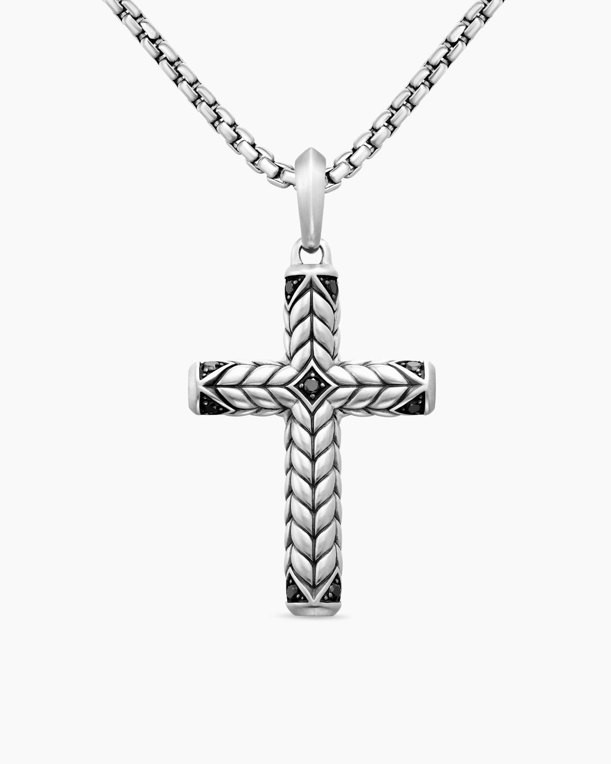 Chevron Cross Pendant in Sterling Silver with Black Diamonds, 36mm