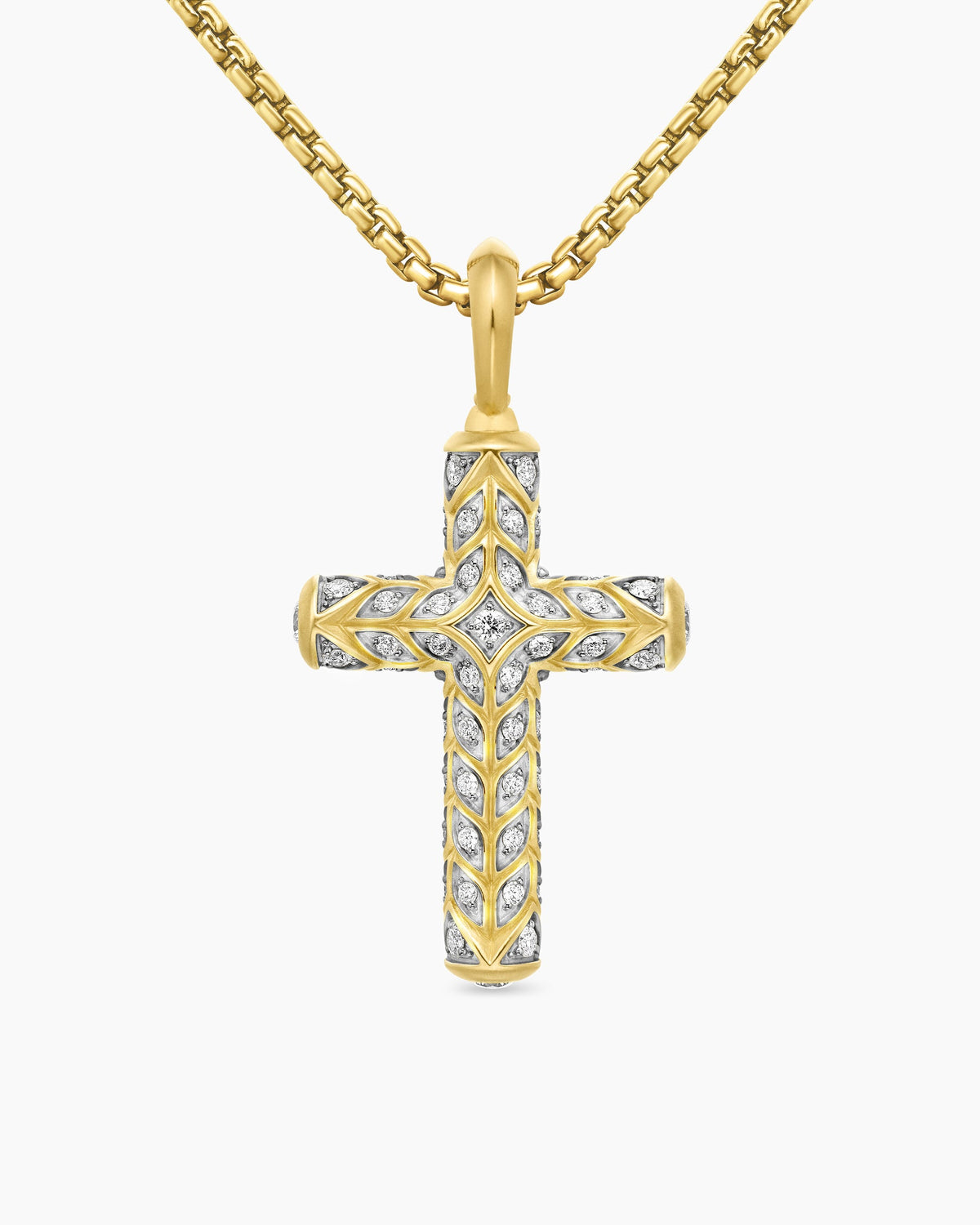 Chevron Cross Pendant in 18K Yellow Gold with Pavé Diamonds, 36mm