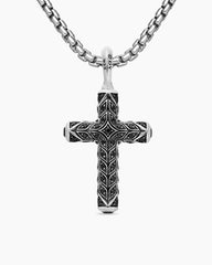 Chevron Cross Pendant in Sterling Silver with Pavé Black Diamonds, 36mm