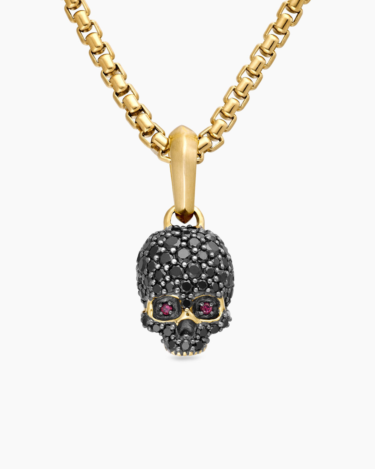 Memento Mori Skull in Full Pavé Black Diamonds, Rubies and 18K Yellow Gold, 14mm