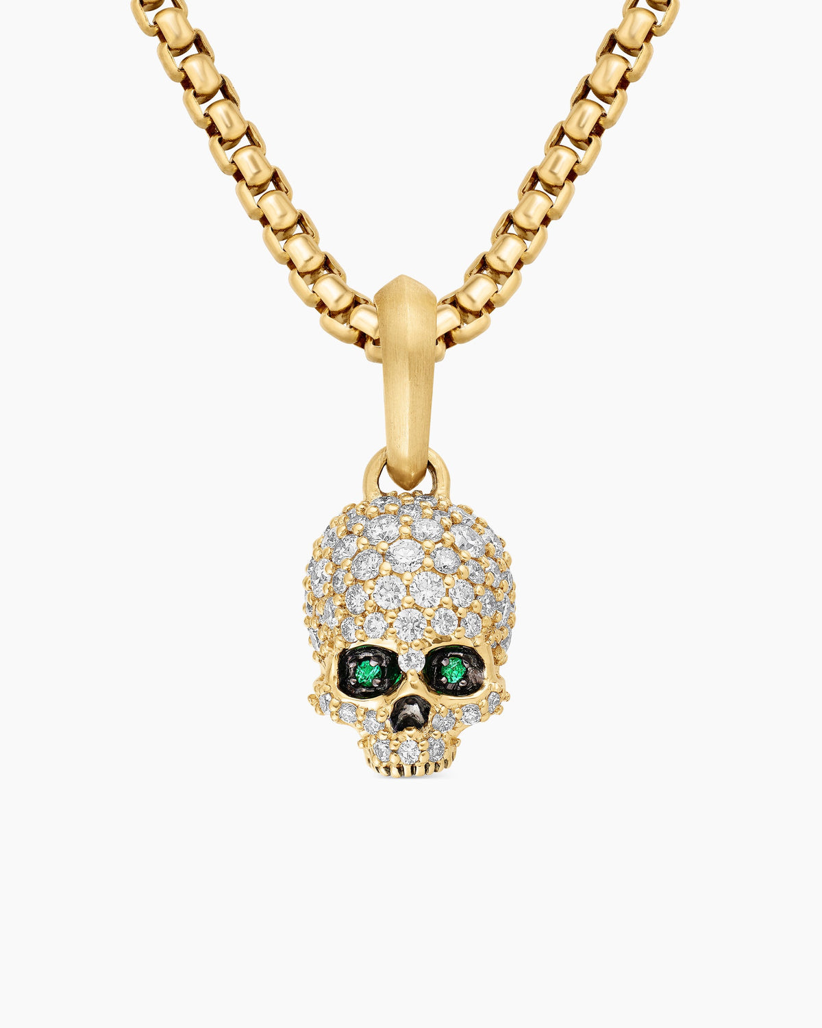 Memento Mori Skull in Full Pavé Diamonds, Emeralds and 18K Yellow Gold, 14mm