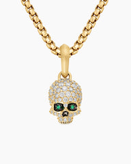 Memento Mori Skull in Full Pavé Diamonds, Emeralds and 18K Yellow Gold, 14mm