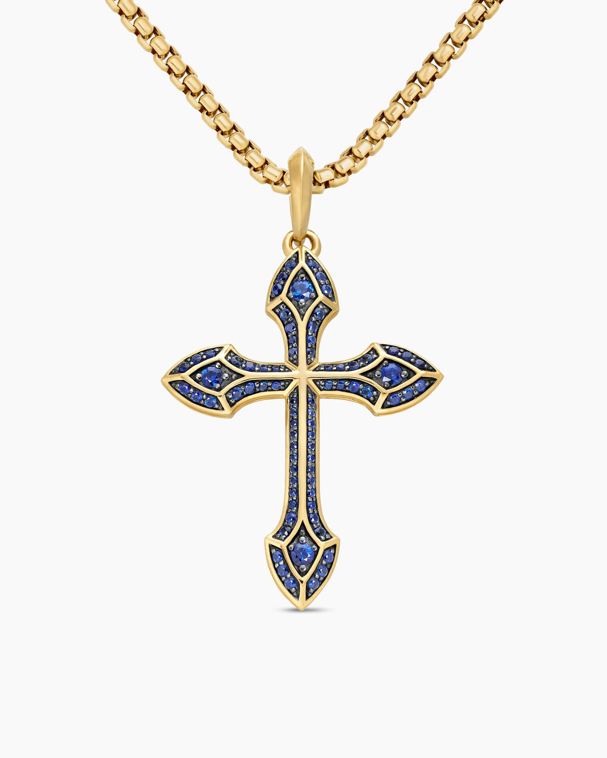 Gothic Cross Pendant in 18K Yellow Gold with Blue Sapphires, 36.5mm