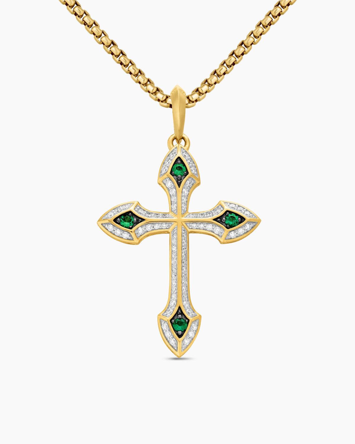 Gothic Cross Pendant in 18K Yellow Gold with Diamonds and Emeralds, 36.5mm