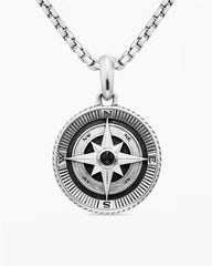 Maritime® Compass Amulet in Sterling Silver with Center Black Diamond, 26.8mm
