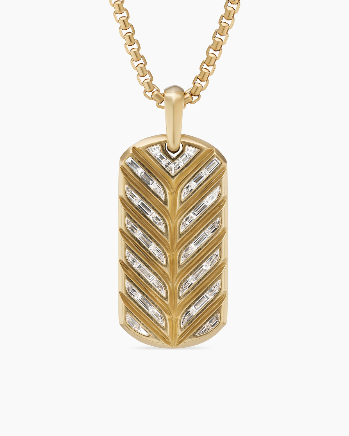 Chevron Tag in 18K Yellow Gold with Diamond Baguettes, 35mm