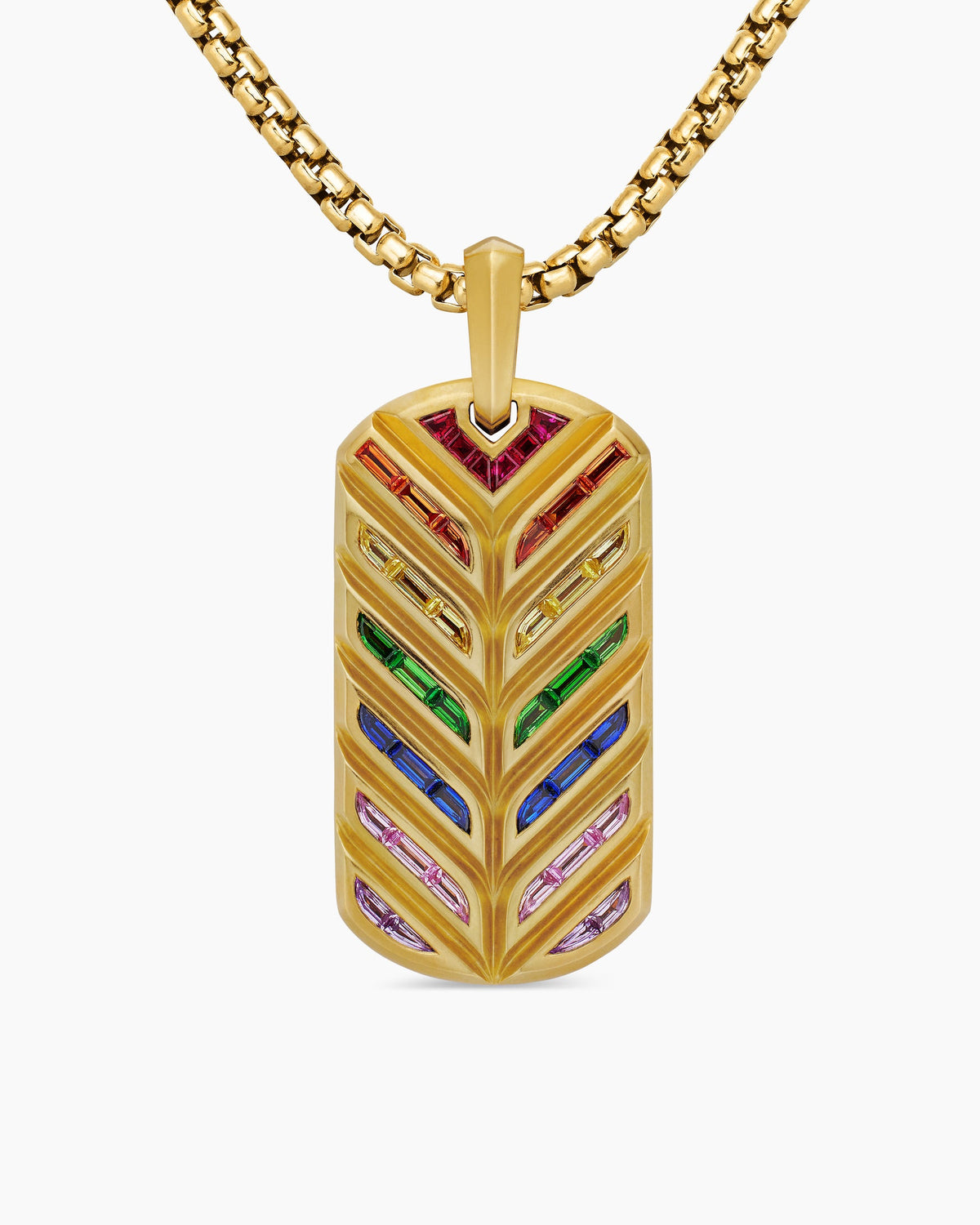 Chevron Tag in 18K Yellow Gold with Rainbow Baguettes, 35mm