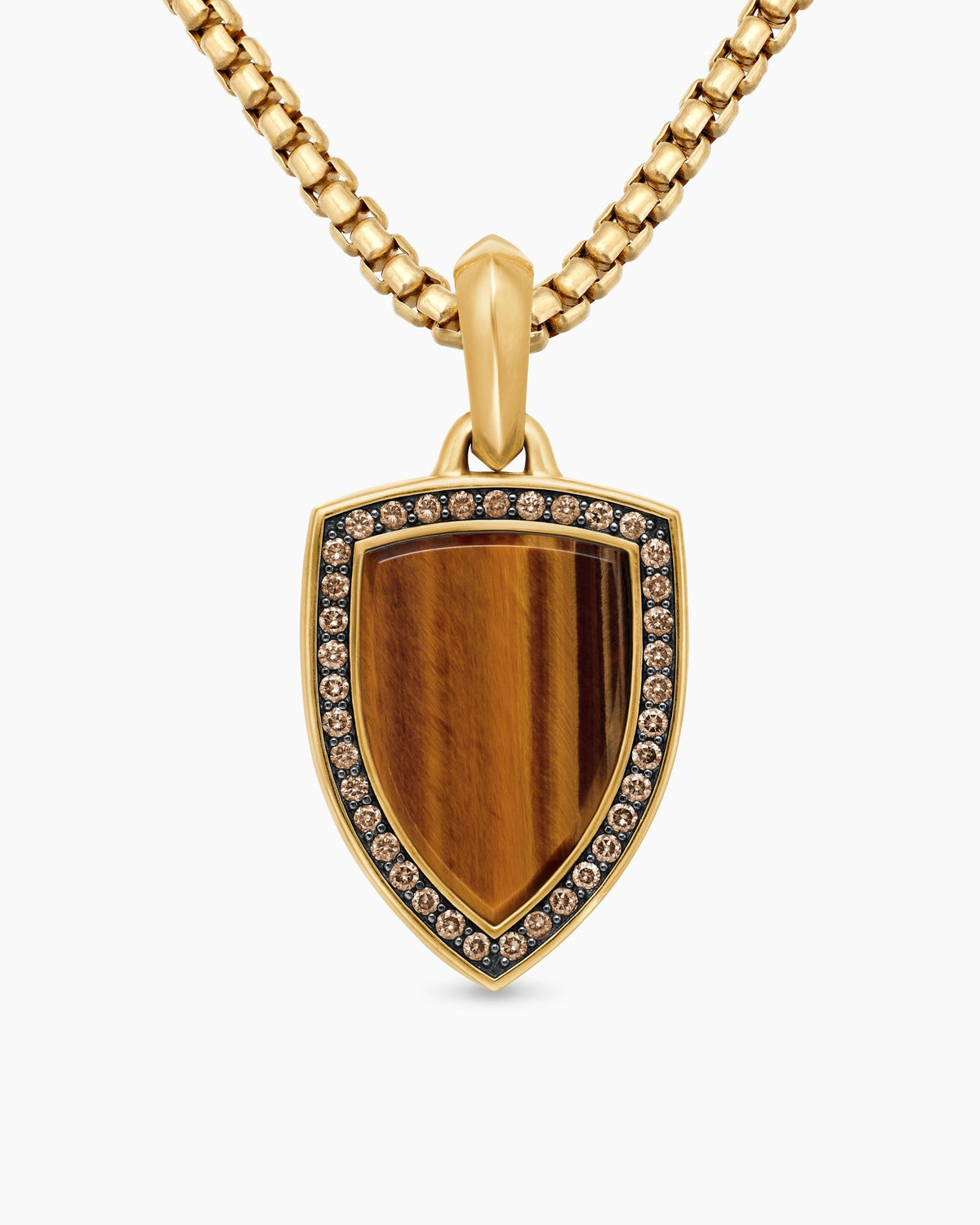 Shield Amulet in 18K Yellow Gold with Tiger’s Eye and Cognac Diamonds, 27mm