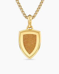 Shield Amulet in 18K Yellow Gold with Golden Sun Stone and Black Diamonds, 27mm