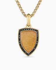 Shield Amulet in 18K Yellow Gold with Golden Sun Stone and Black Diamonds, 27mm