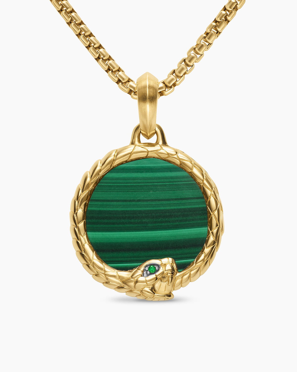 Ouroboros Amulet in 18K Yellow Gold with Malachite and Emerald, 25mm