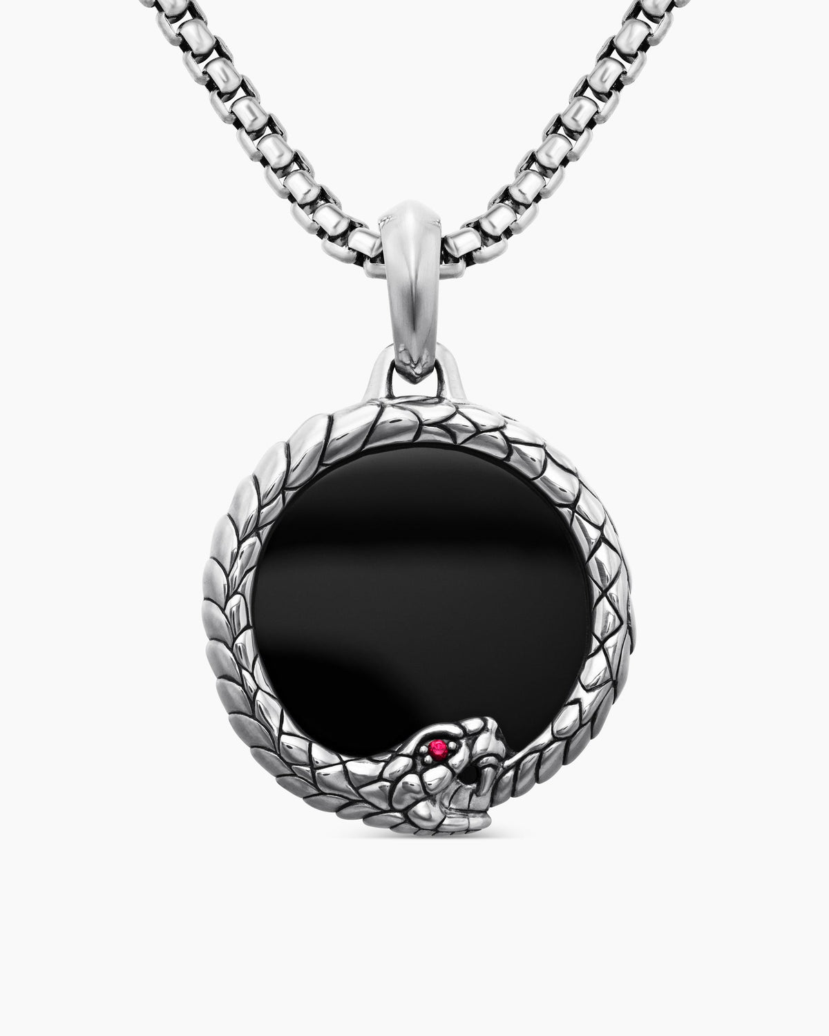 Ouroboros Amulet in Sterling Silver with Black Onyx and Ruby, 25mm