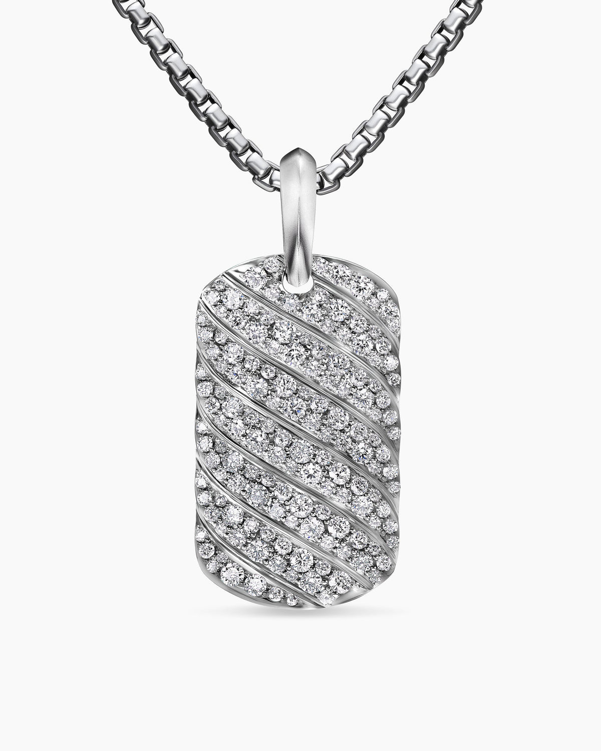 Sculpted Cable Tag in 18K White Gold with Diamonds, 27mm