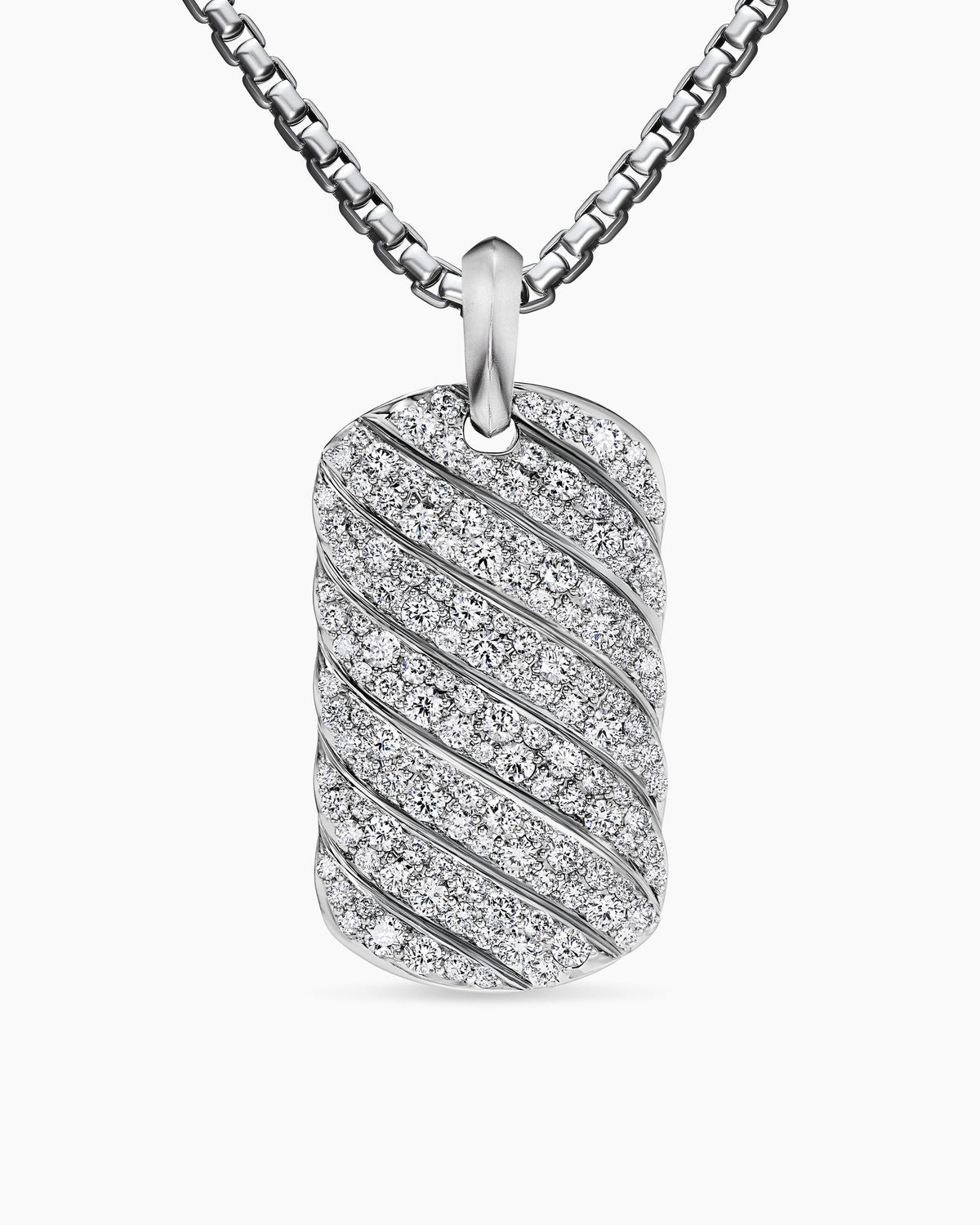 Sculpted Cable Tag in 18K White Gold with Diamonds, 35mm