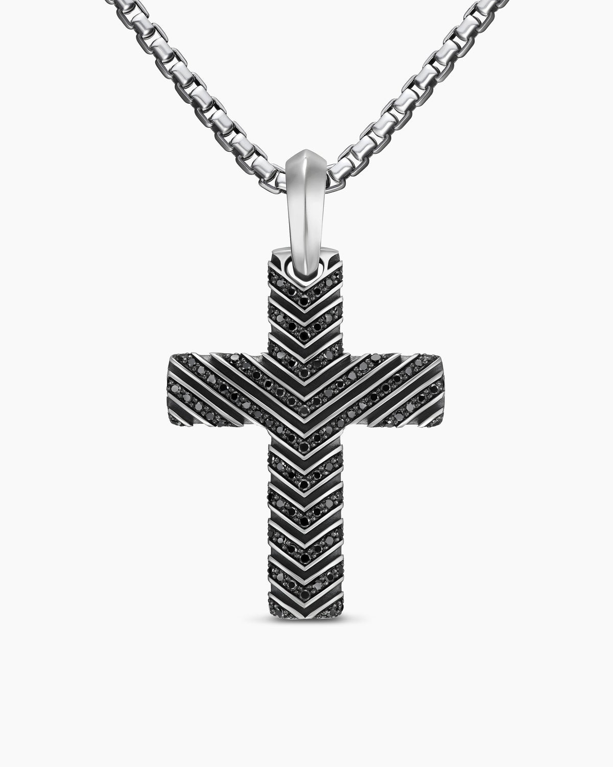 Chevron Cross Pendant in Sterling Silver with Black Diamonds, 36mm