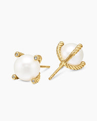 Pearl Stud Earrings in 18K Yellow Gold with Pearls and Diamonds, 14mm