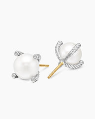 Pearl Stud Earrings in Sterling Silver with Pearls and Diamonds, 14mm