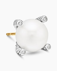 Pearl Stud Earrings in Sterling Silver with Pearls and Diamonds, 14mm