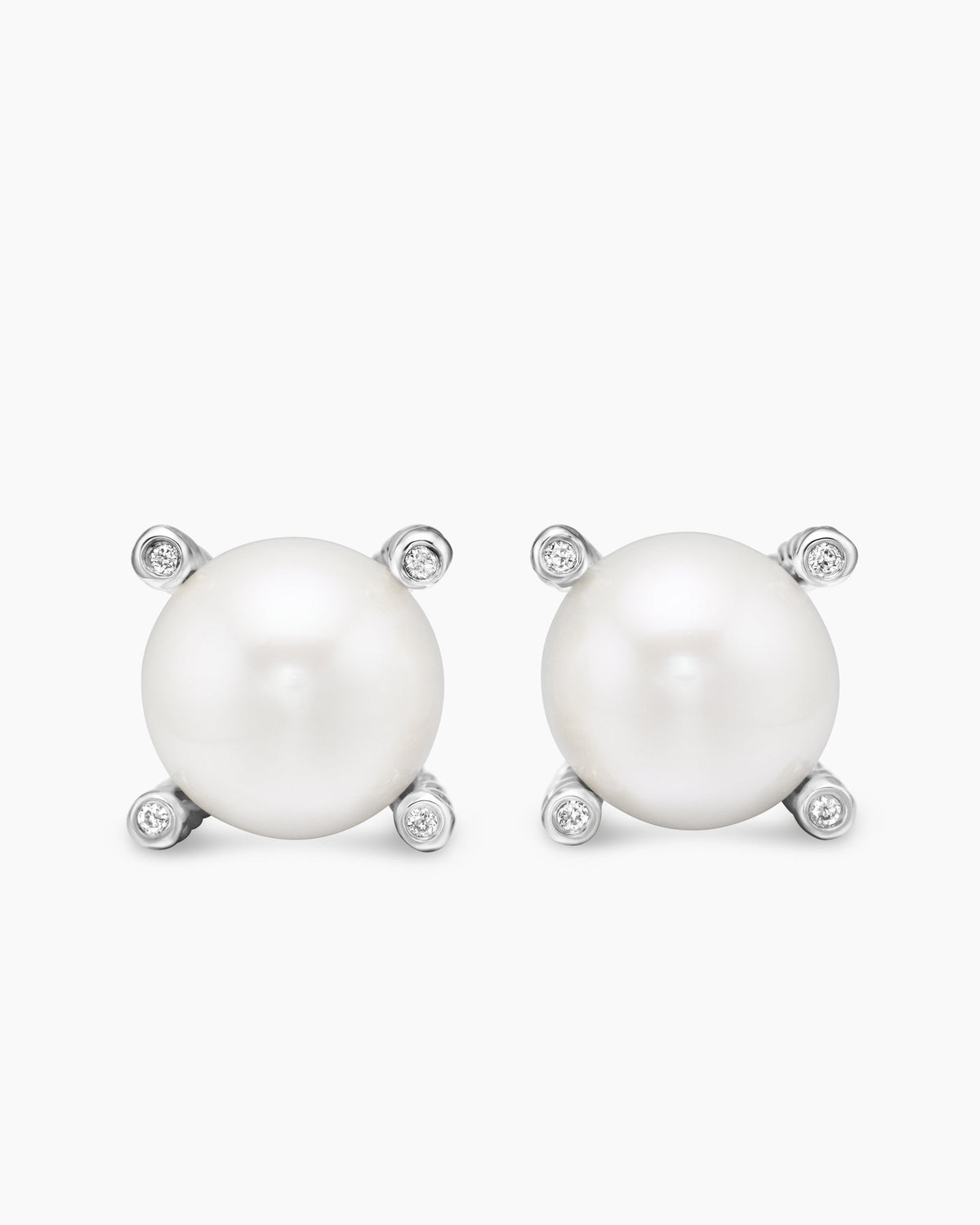 Pearl Stud Earrings in Sterling Silver with Pearls and Diamonds, 14mm