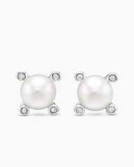 Pearl Stud Earrings in Sterling Silver with Pearls and Diamonds, 7.4mm