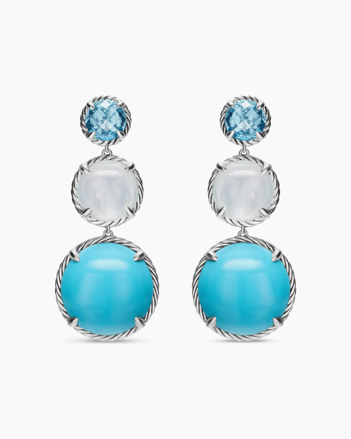 Chatelaine® Round Drop Earrings in Sterling Silver with Turquoise, Milky Rose Quartz and Blue Topaz, 47mm