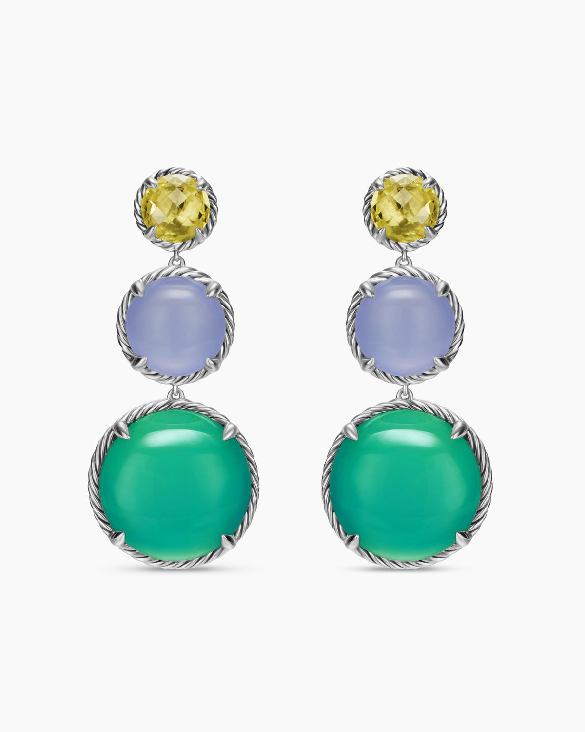 Chatelaine® Round Drop Earrings in Sterling Silver with Lagoon Orchid, Blue Chalcedony and Lemon Citrine, 47mm