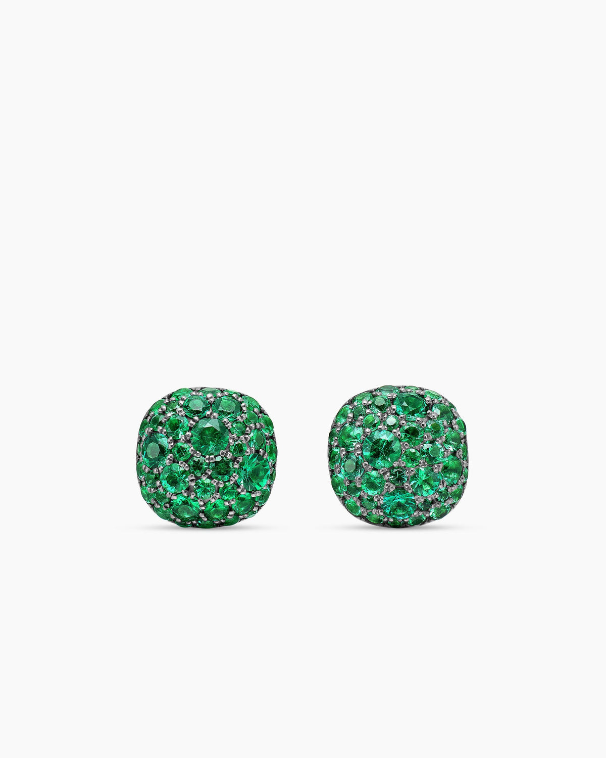 Cushion Stud Earrings in 18K White Gold with Pavé Emeralds, 8mm