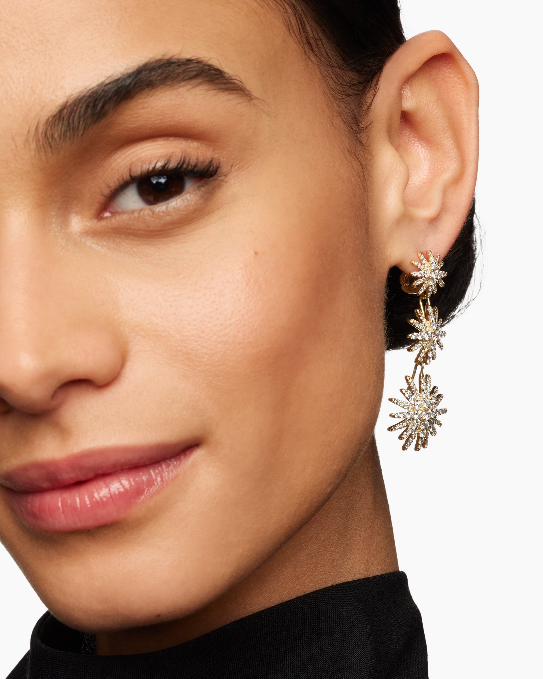 Starburst Triple Drop Earrings in 18K Yellow Gold with Diamonds, 51mm