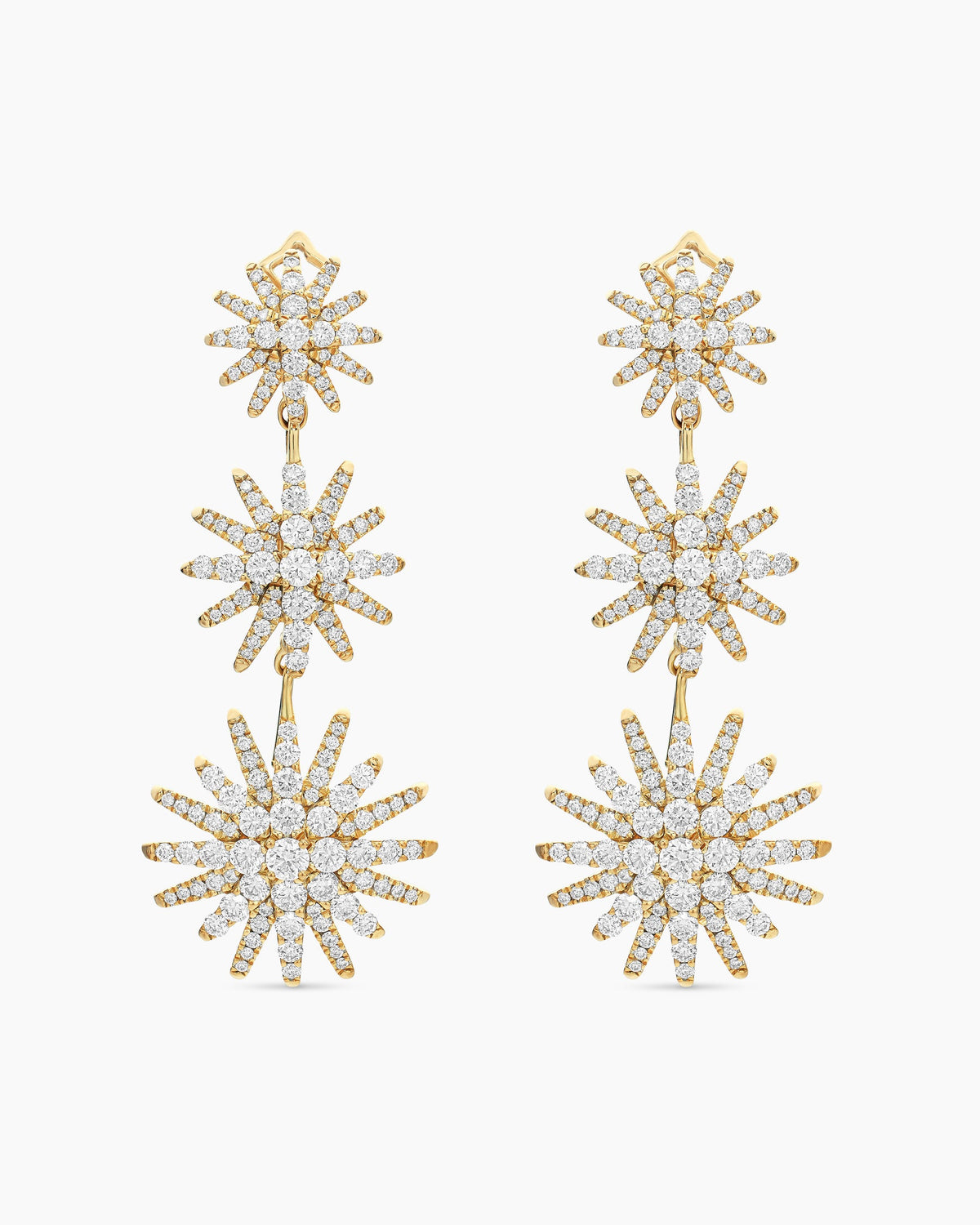 Starburst Triple Drop Earrings in 18K Yellow Gold with Diamonds, 51mm