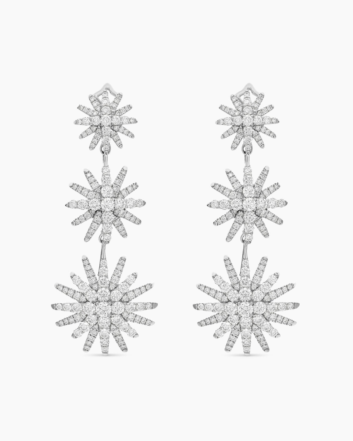 Starburst Triple Drop Earrings in 18K White Gold with Diamonds, 51mm