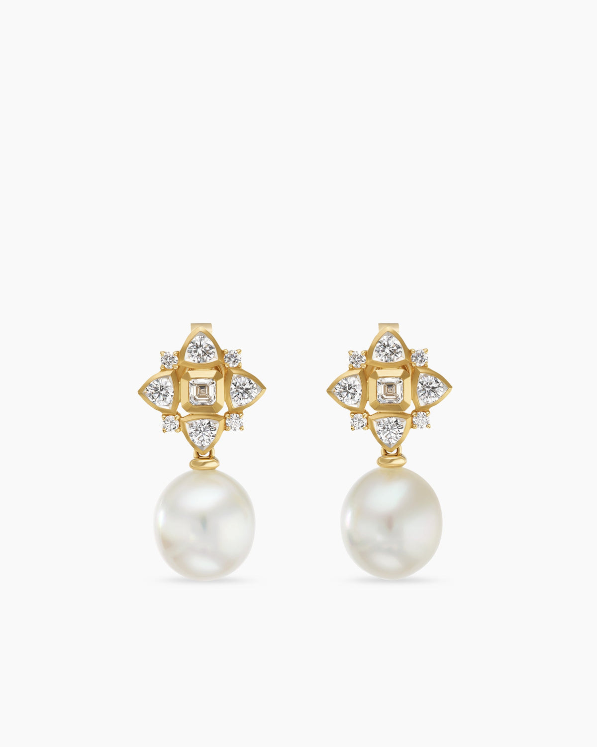 Renaissance® Pearl Trillion Drop Earrings in 18K Yellow Gold with Pearls and Diamond, 26mm