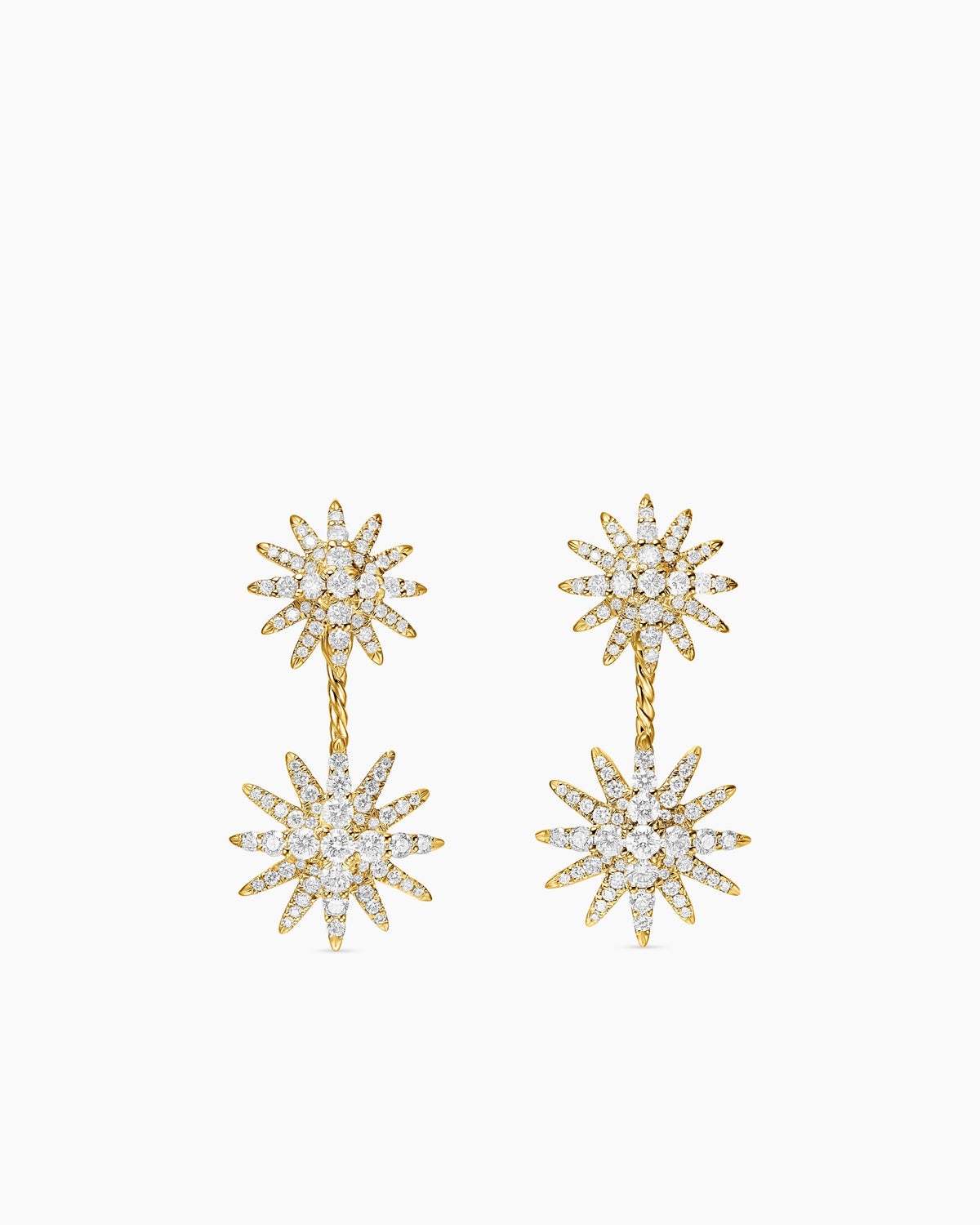 Starburst Double Drop Earrings in 18K Yellow Gold with Diamonds, 32.5mm