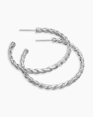 Sculpted Cable Flex Hoop Earrings in 18K White Gold with Diamonds, 1.75in