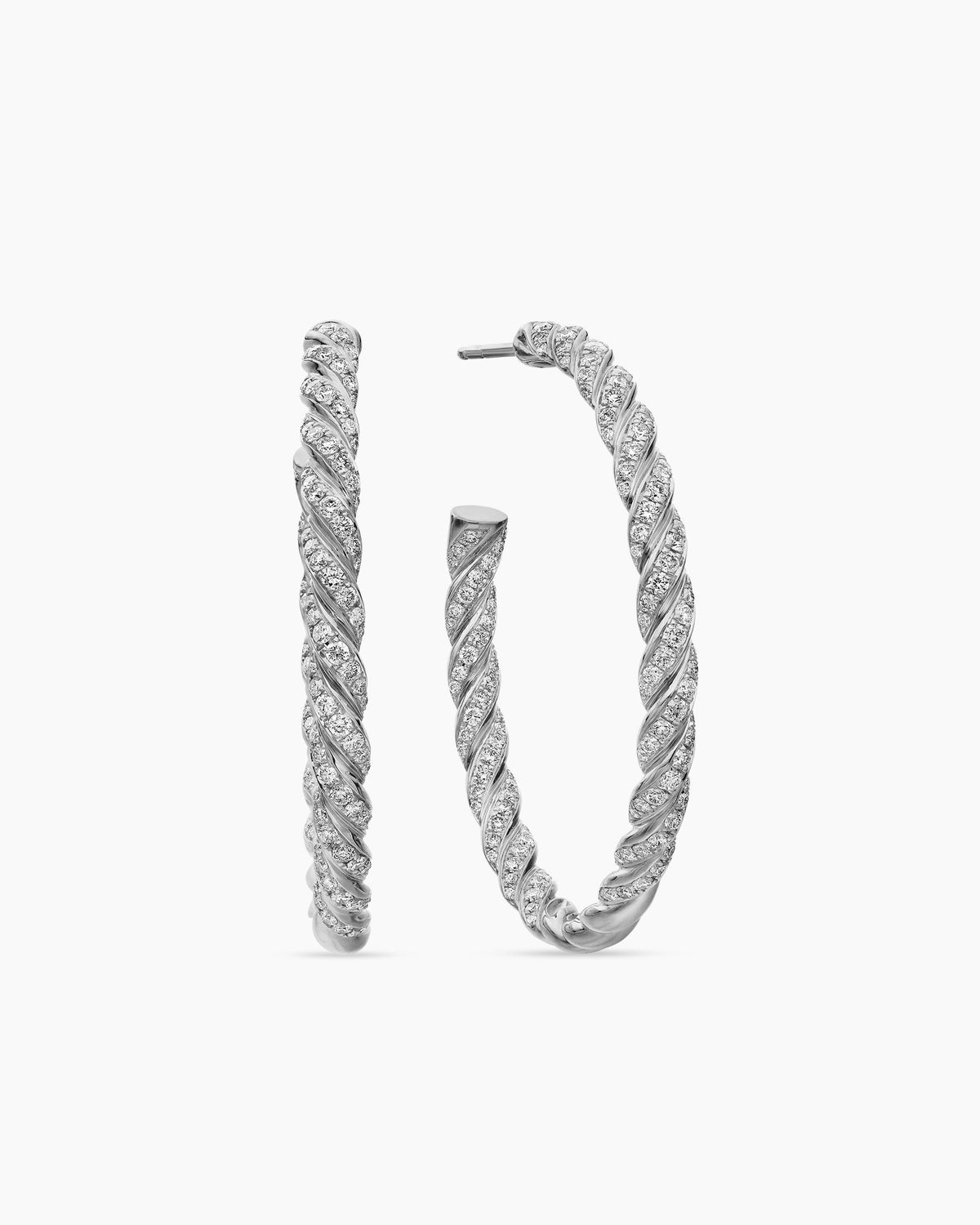 Sculpted Cable Flex Hoop Earrings in 18K White Gold with Diamonds, 1.75in