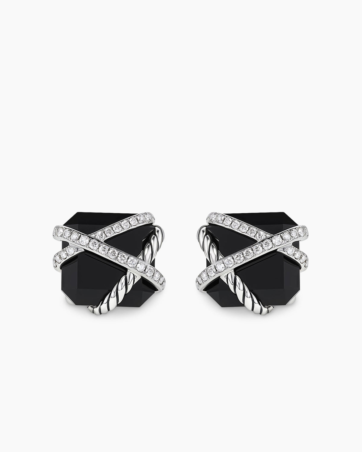 Cable Wrap Stud Earrings in Sterling Silver with Black Onyx and Diamonds, 12mm