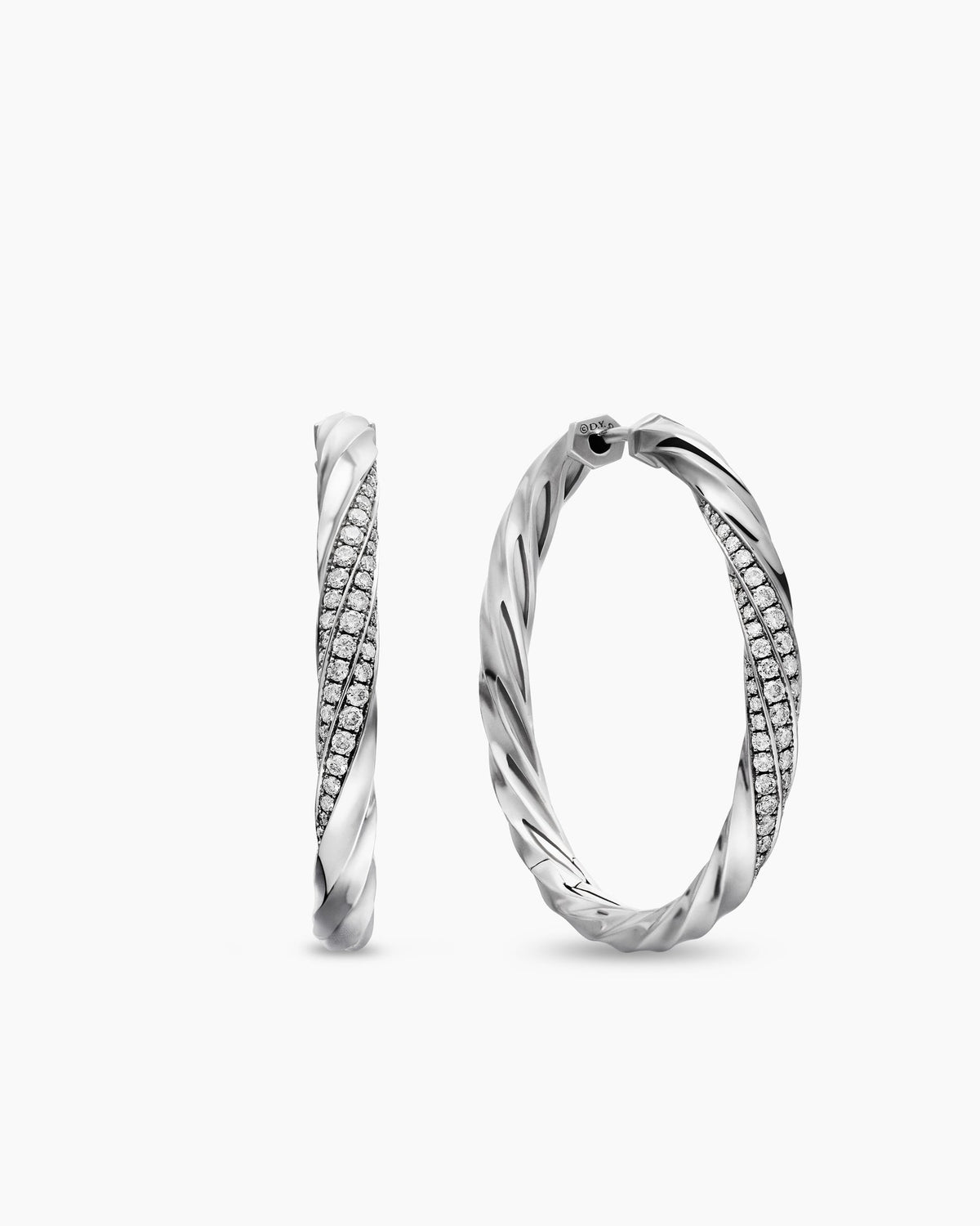 Cable Edge® Hoop Earrings in Sterling Silver with Diamonds, 1.5in
