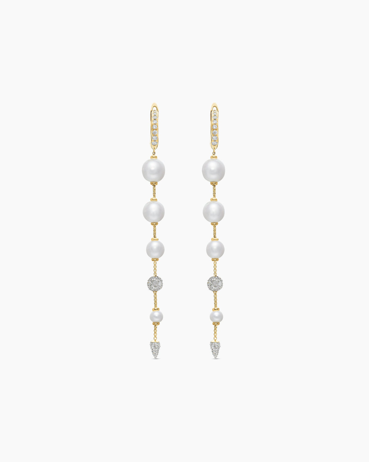 Pearl and Pavé Drop Earrings in 18K Yellow Gold with Pearls and Diamonds, 3.13in