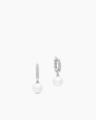 Pearl and Pavé Drop Earrings in Sterling Silver with Pearls and Diamonds, 15.6mm