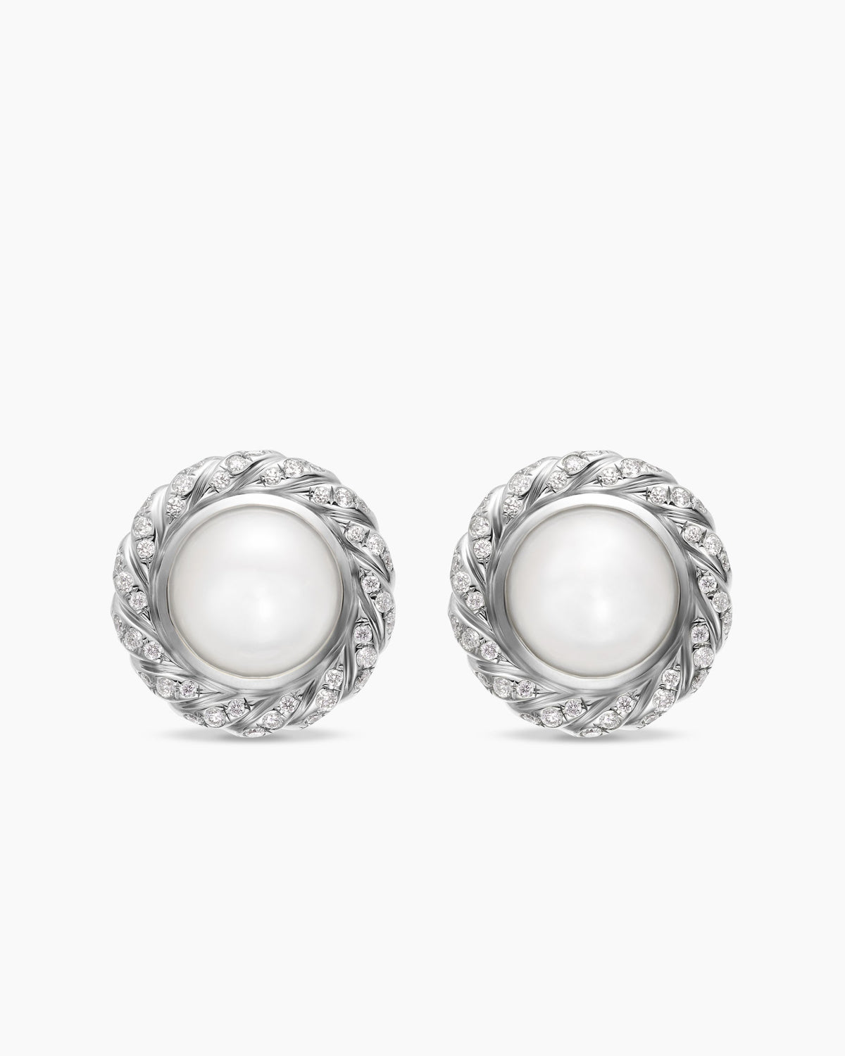 Pearl Classics Cable Halo Button Earrings in Sterling Silver with Diamonds, 13mm